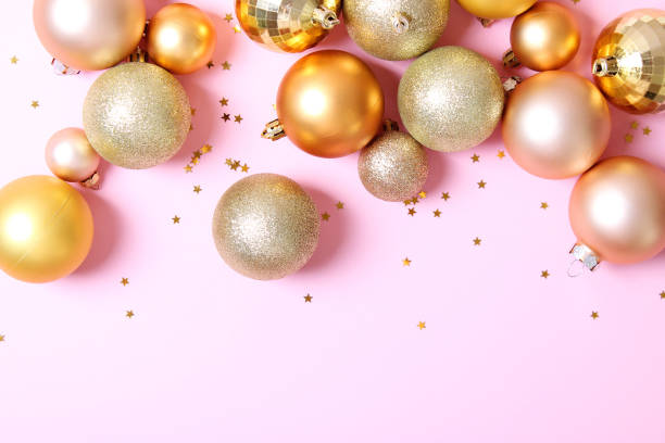 istock Decorative Christmas balls on a colored background top view. 1314107682