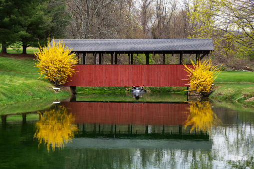 Old wooden covered bridge over a creek in autumn.