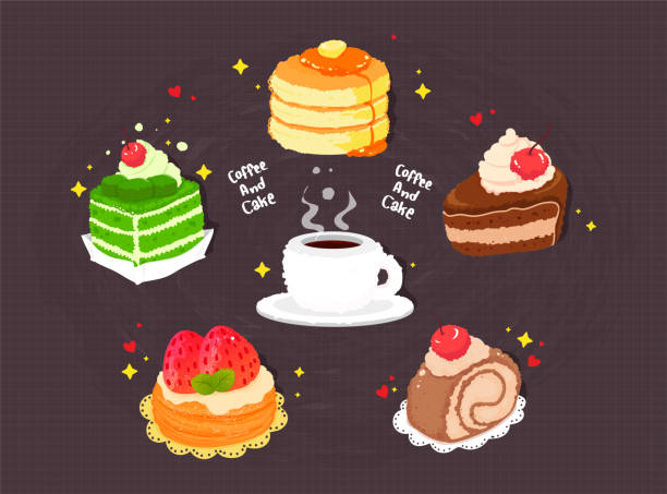 손으로 그린 커피와 케이크 만화 아트 일러스트 - latté cookie cappuccino coffee crop stock illustrations