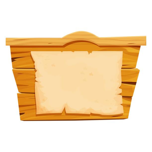 illustrazioni stock, clip art, cartoni animati e icone di tendenza di striscione da assi di legno con pezzo di carta, pergamena in stile cartone animato, cornice wild west, tavola isolata su sfondo bianco. risorse di gioco dell'interfaccia utente, scrivania in legno con struttura vuota. - wild west wood wanted poster frame