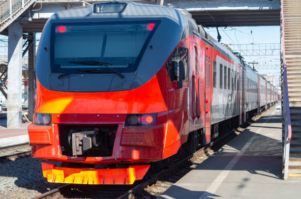 istock Front view of a red locomotive before moving off. 1314119860