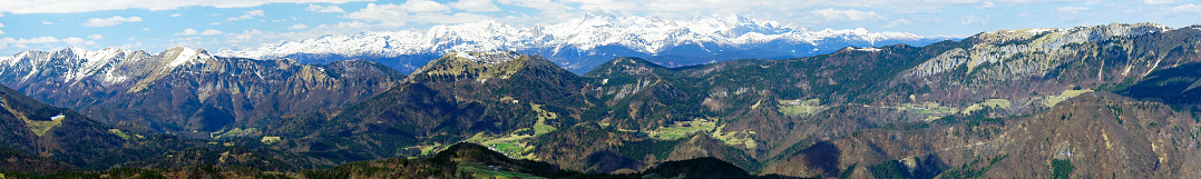 Panorama view of of Julian Alps, Triglav national park with Triglav the highest pic in Slovenia.  Blegos is hiking destination with mountain cabin near by.