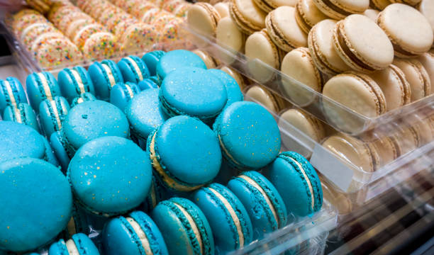 istock Close-up of different colored and flavored macaroons on display 1314127234