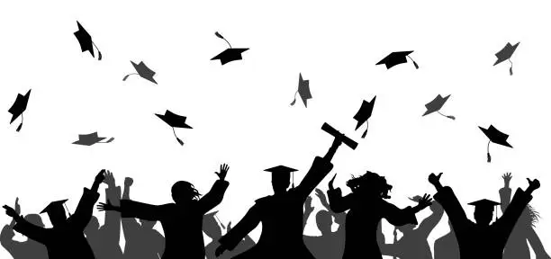 Vector illustration of Graduation event ceremony. Happy graduate students with graduating caps and diploma or certificates, silhouette of group of people. Vector illustration.
