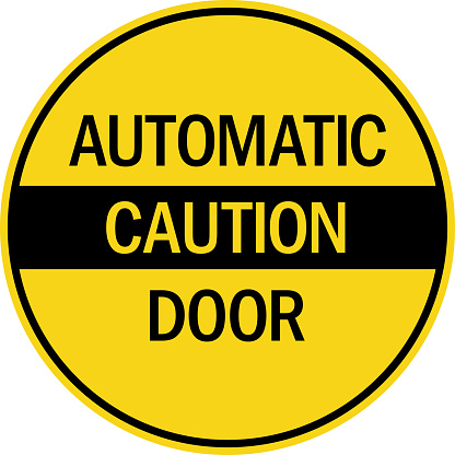 Automatic door caution Sign. Yellow circle background. Safety signs and symbols.