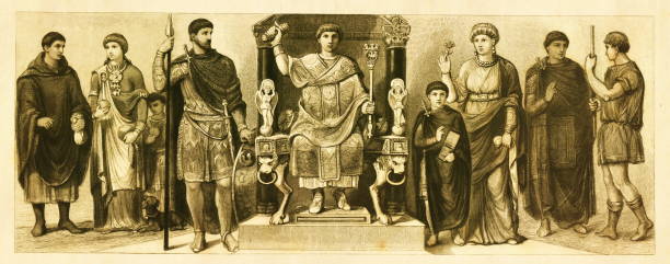 ilustraciones, imágenes clip art, dibujos animados e iconos de stock de trajes antiguos de época romana: emperador, cónsules, militares, etc. | ilustraciones históricas antiguas - emperor