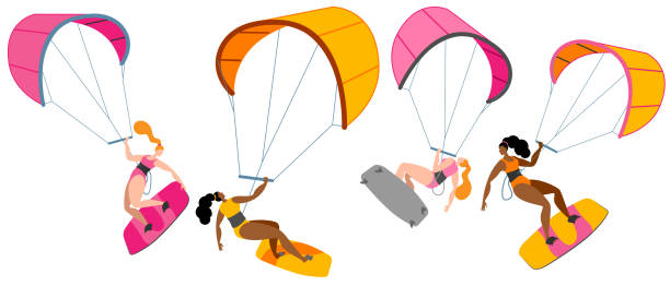 A girl on a board is engaged in kitesurfing. A girl on a board is engaged in kitesurfing. A set of vector isolated images with a surfer girl. kiteboard stock illustrations