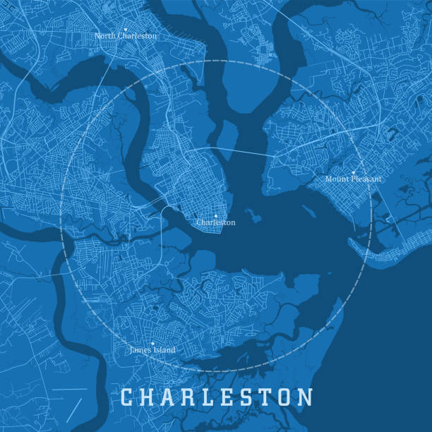 illustrations, cliparts, dessins animés et icônes de charleston sc city vector road map texte bleu - charleston harbor
