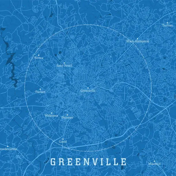 Vector illustration of Greenville SC City Vector Road Map Blue Text