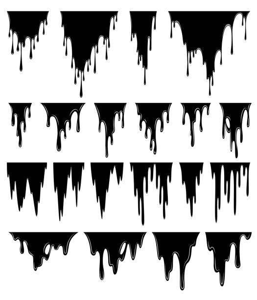 краска капает жидкость. плавающие масляные пятна. набор черных капель. абстрактный трафарет потока. векторная иллюстрац�ия на белом фоне - dribbling stock illustrations