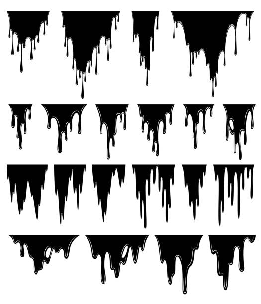 Paint dripping liquid. Flowing oil stain. Set of black drips. Abstract flow stencil. Vector illustration on white background Paint dripping liquid. Flowing oil stain. Set of black drips. Abstract flow stencil. Vector illustration on white background. dribbling stock illustrations