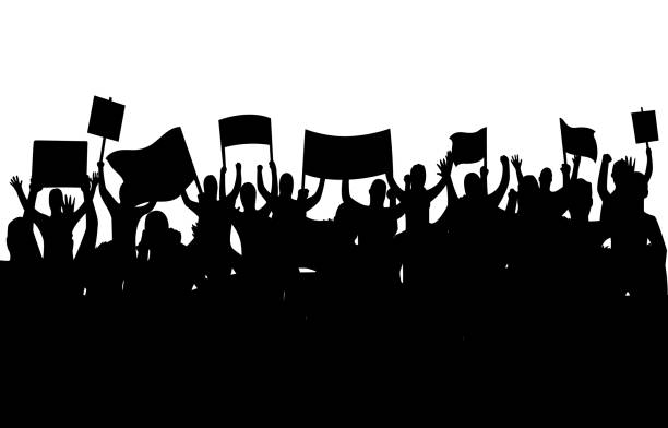 Peaceful protest and revolution. Silhouette of riot protesting crowd demonstrators with banners and flags. People on the meeting, crowd with banners. Vector illustration of conflict Peaceful protest and revolution. Silhouette of riot protesting crowd demonstrators with banners and flags. People on the meeting, crowd with banners. Vector illustration of conflict. angry crowd stock illustrations