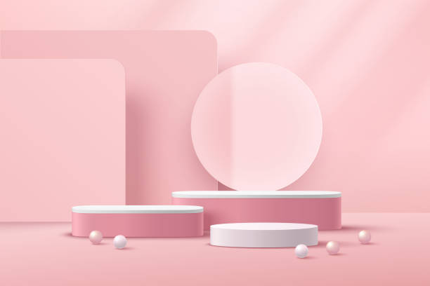 Abstract white cylinder pedestal podium, Light pink empty room with transparent glass ring, Pink and white sphere. Vector rendering 3d shape, Product display presentation. Pastel room minimal scene. Abstract white cylinder pedestal podium, Light pink empty room with transparent glass ring, Pink and white sphere. Vector rendering 3d shape, Product display presentation. Pastel room minimal scene. glass showroom stock illustrations