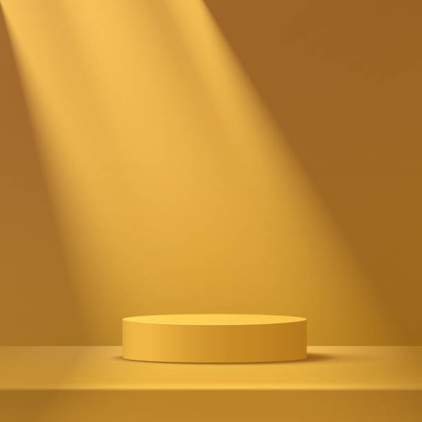 抽象的な黄色マスタードシリンダー台座表彰台、黄色空き部屋、窓の影。ベクトルレンダリング3d形状、製品表示プレゼンテーション。スタジオルームコンセプト、最小限の壁シーン。 - 化粧品　無人点のイラスト素材／クリップアート素材／マンガ素材／アイコン素材