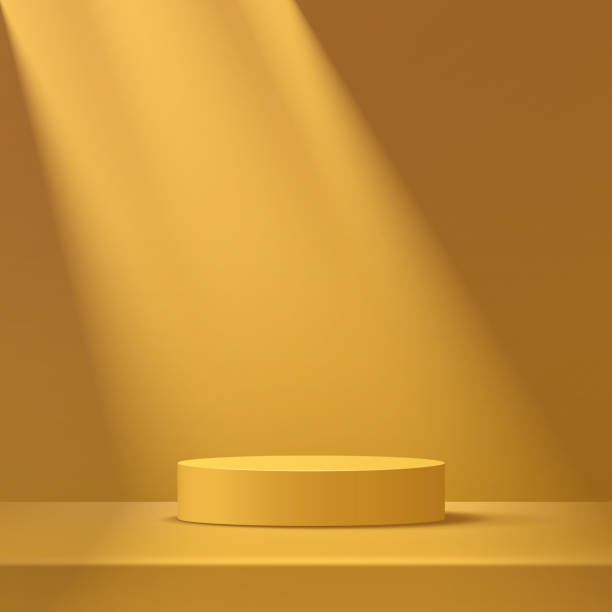 istock Abstract yellow mustard cylinder pedestal podium, Yellow empty room, Shadow of window. Vector rendering 3d shape, Product display presentation. Studio room concept, Minimal wall scene. 1314141471