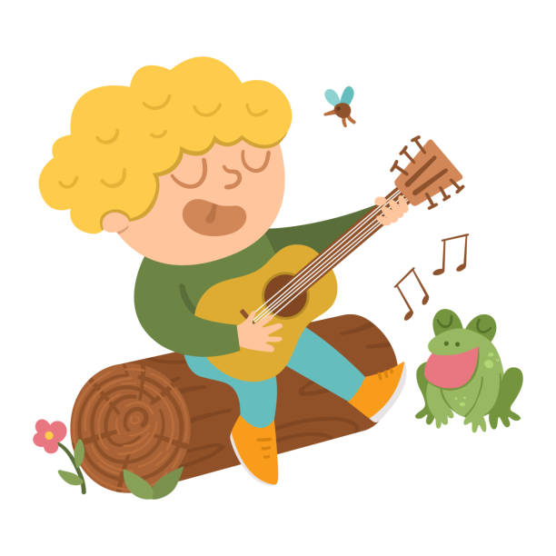 illustrations, cliparts, dessins animés et icônes de garçon mignon de vecteur jouant la guitare et chantant s’asseyant sur un journal. scène d’activité de feu de camp avec l’enfant mignon et la grenouille. voyageur d’isolement sur le fond blanc. icône touristique extérieure ou de camp d’été. - frog animal little boys child