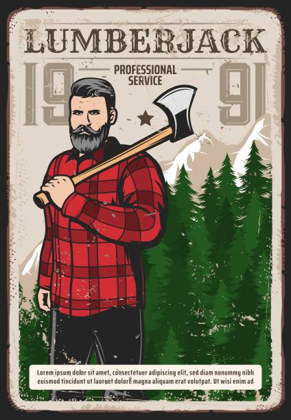Professional lumberjack works service retro poster Lumberjack works service retro poster. Bearded woodcutter, hipster man character in checkered plaid shirt, standing with axe on shoulder on background of pine forest and snowy mountain peaks vector lumberjack stock illustrations