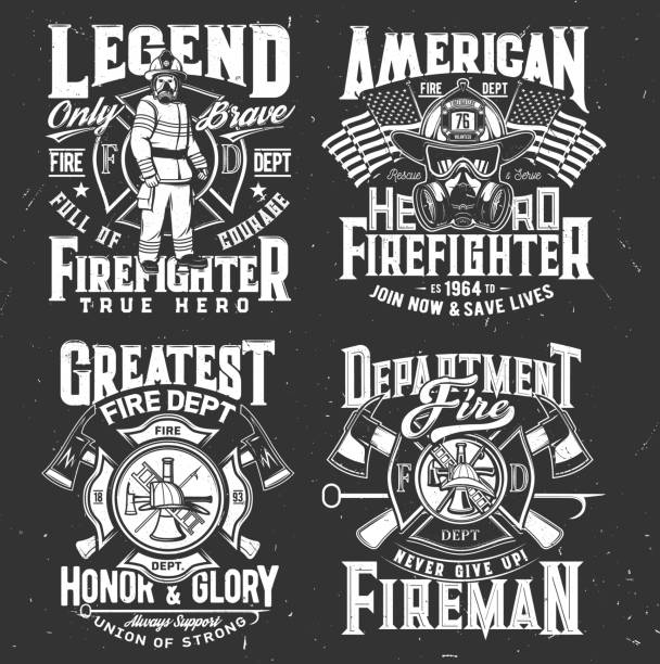 Firefighter t-shirt print, firefighting department Firefighter t-shirt print, firefighting department emblem, vector fireman and hydrant icons. American flag and firefighter hero with helmet, crossed fire ax and Maltese cross for t shirt print mockup firefighter stock illustrations