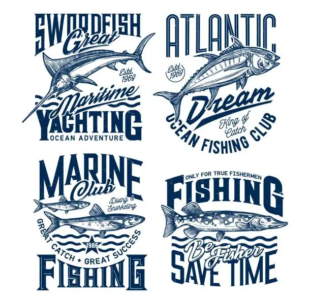 Vector illustration of Yachting and marine fishing club t-shirt prints