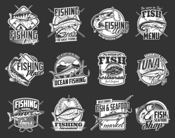 Fishing sport, seafood shop and restaurant icons Fishing sport icons set. Sea and river fishes, pike, perch and bream, marlin, tuna and salmon, flounder, sheatfish or catfish, rod and hook. Fishing tournament, tackle store, seafood restaurant emblem sheatfish stock illustrations