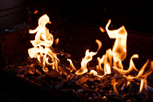 Hot BBQ Grill and Burning Fire. You can see more BBQ, grilled food, flames and fire.Empty Flaming Charcoal Grill With Flames Of Fire On Black Background Closeup. Summer Outdoor Barbeque Party Empty Flaming Charcoal Grill With Flames Of Fire On Black Background Closeup. Summer Outdoor Barbeque Party dangerous steak stock pictures, royalty-free photos & images