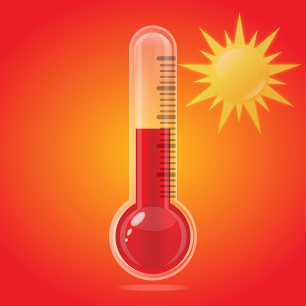 Thermometer with sun graphic icon. Thermometer with hot weather sign Thermometer with sun graphic icon. Thermometer with hot weather sign. Isolated symbol on orange background. Vector illustration thermometer gauge stock illustrations