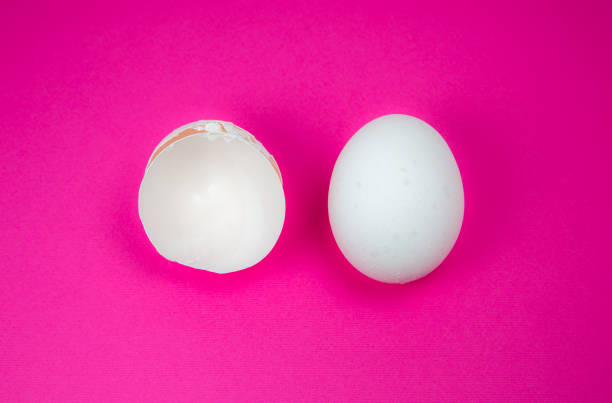 istock White egg and eggshell on the pink background. Copy space. Minimalism, original and creative photo. Beautiful wallpaper. Easter holidays. 1314148578