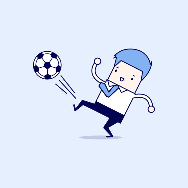 ilustrações, clipart, desenhos animados e ícones de homem de negócios chutando a bola. homem de negócios jogando futebol. desenho animado personagem fino estilo linha vetor. - office business soccer exercising