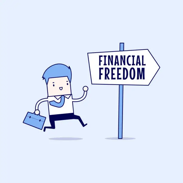 Vector illustration of Businessman with Financial Freedom sign. Cartoon character thin line style vector.