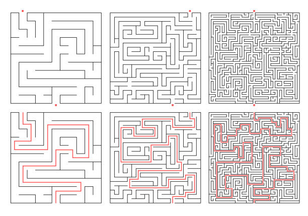 illustrations, cliparts, dessins animés et icônes de labyrinthe. labyrinthe de jeu d’éducation de niveau différent. trouvez le bon chemin. ensemble de labyrinthe carré avec la solution de chemin. illustration vectorielle. - niveau déducation illustrations