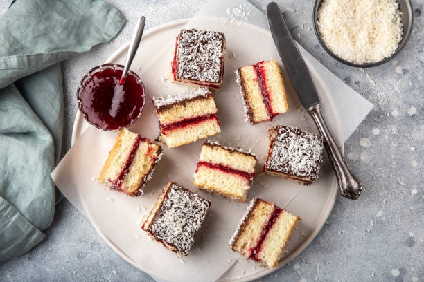 australian lamington cake with raspberry jam stock photo