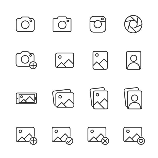 ilustraciones, imágenes clip art, dibujos animados e iconos de stock de conjunto de imágenes vectoriales de iconos de cámara y línea fotográfica. - webcam