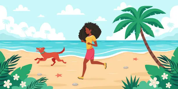 Vector illustration of Leisure time on beach. Black woman jogging with dog. Summer time. Vector illustration