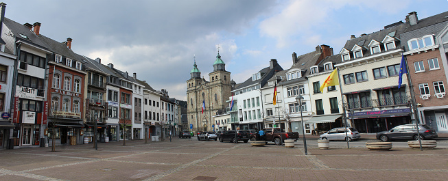 Malmedy, Belgium, 14 April 2021: Panoramic view of Place Albert 1er in the town center of Malmedy. Malmedy is a tourist destination in Wallonia and has a population of 12,000 people.