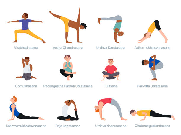 ilustrações, clipart, desenhos animados e ícones de poses de yoga masculino - stretching yoga men good posture