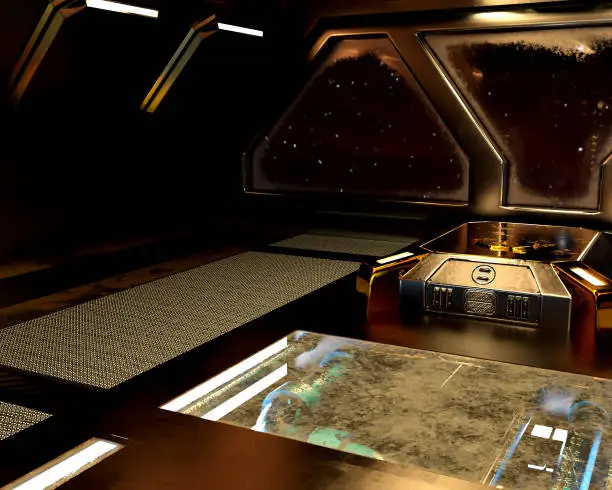 3d illustration of an empty room in a starship with space seen through foggy windows.