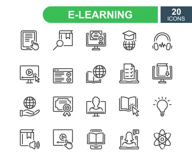 Vector illustration of E-learning, online and distance education line icon. Online training, webinar, education, course, elearning, conference, exam. Online education line icons set. Editable stroke. Vector illustration