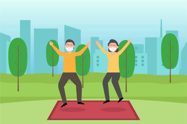 Couple in face mask doing exercise  at park 2D flat vector Couple in face mask doing exercise  at park 2D flat vector concept for banner, website, illustration, landing page, flyer, etc. matrass stock illustrations