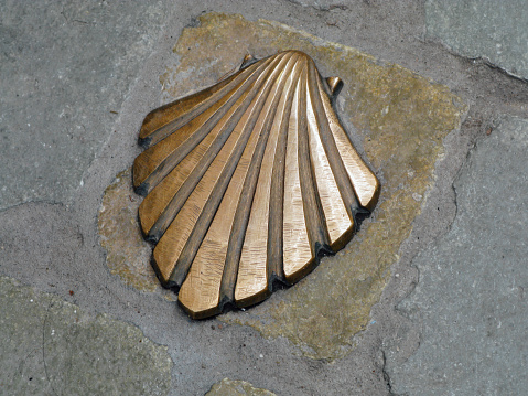 A high angle shot of St James's shell on a wall in Leon, Spain. Camino de Santiago concept