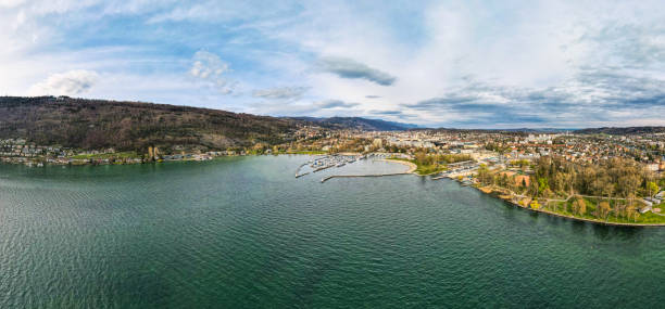 Aerial view of Lake Biel with a view of the city of Biel and its port stock photo