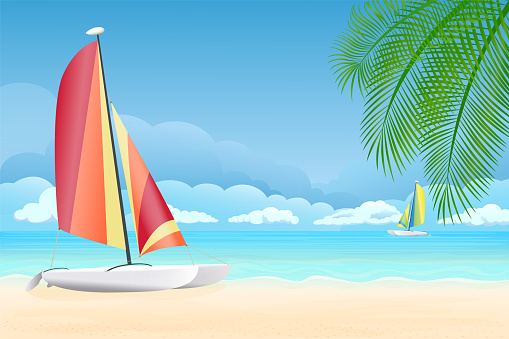 Vector illustration. Ocean on background. Banner, site, poster template. Paradise beach with catamaran.