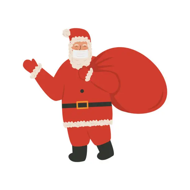 Vector illustration of Cute hand drawn Santa Claus in medical face mask carrying full bag of gifts and waiving. COVID-19 pandemic prevention concept in time of Christmas holidays. Vector Santa isolated on white background.