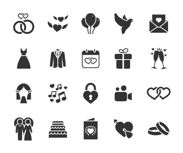 Vector set of wedding flat icons. Contains icons bride and groom, rings, invitation, wedding cake, gift, love hearts, doves and more. Pixel perfect. Vector set of wedding flat icons. Contains icons bride and groom, rings, invitation, wedding cake, gift, love hearts, doves and more. Pixel perfect. gift silhouettes stock illustrations