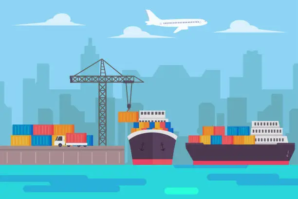 Vector illustration of Container ship loading containers with crane