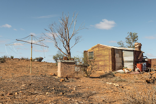 An abandoned tin house Worker Hut ruins in rural Australian Outback, remote New South Wales Near Fowlers Gap, NSW