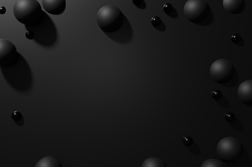 3d render black matte metallic spheres frame on a monochrome background flat lay style