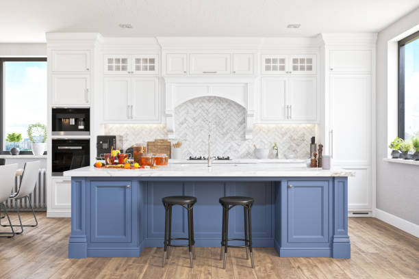 modern kitchen with smart speaker - cozinha imagens e fotografias de stock