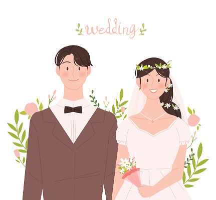 Cute groom and bride vector illustration for wedding invitation decoration.