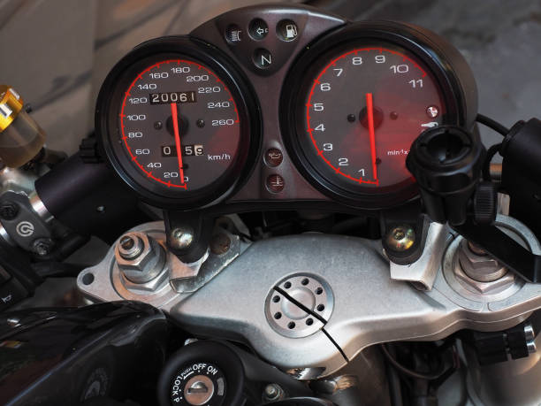 istock The instrument panel with two circular speedometers is located on the handlebars of the motorcycle. Closeup photo 1314175318