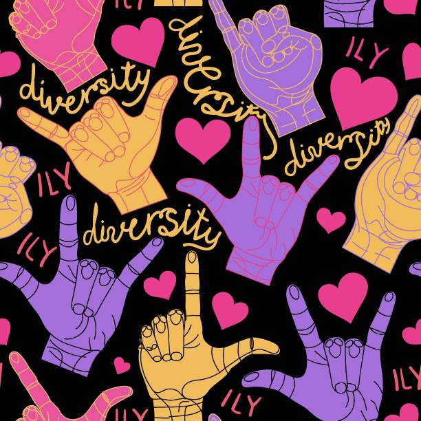 A bright neon pattern from the American sign language I love you, ILY on a black background. A bright neon pattern from the American sign language I love you, ILY on a black background, with the inscription diversity. Trendy print for fabric, paper, wallpaper for smartphones. sign language stock illustrations